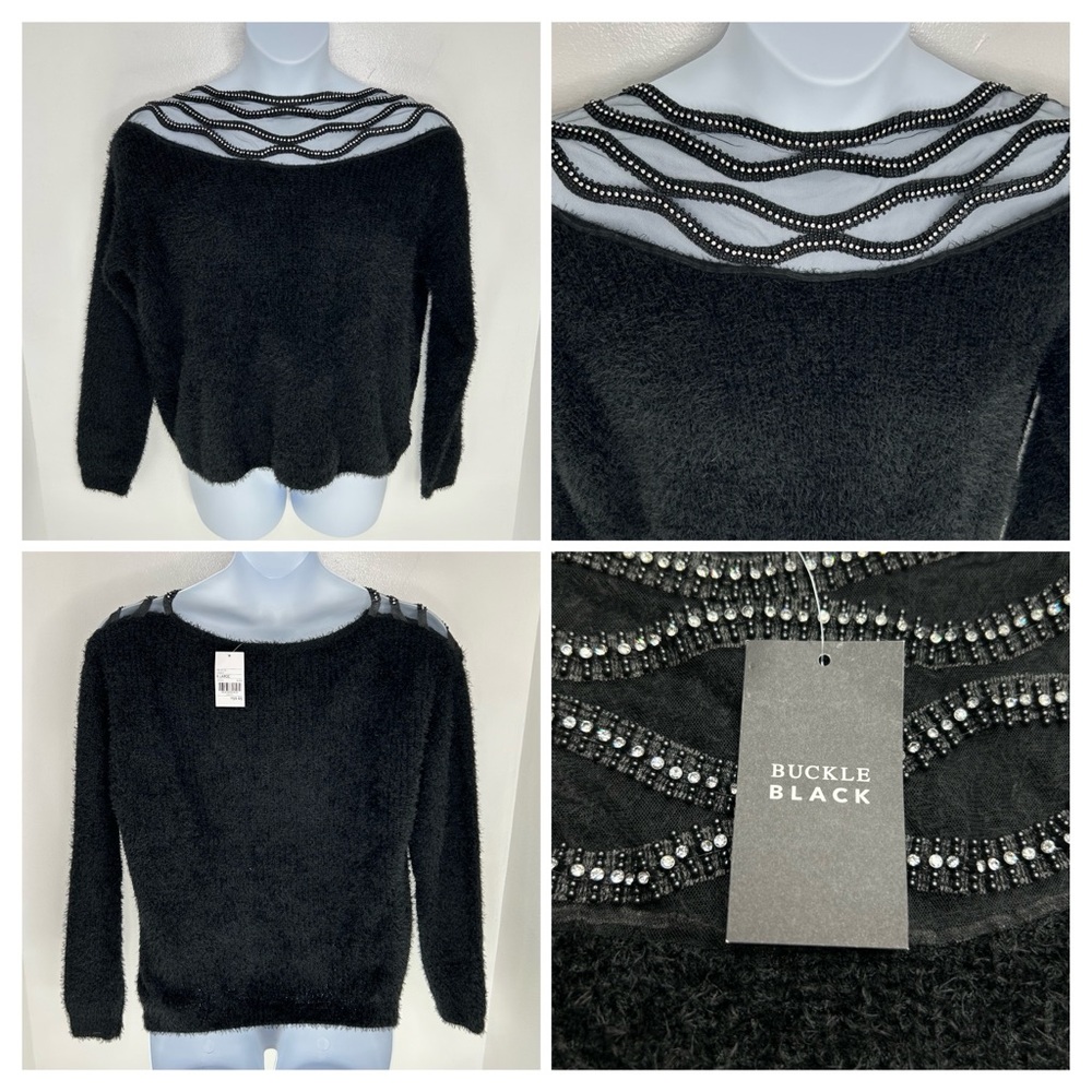 Buckle Black NWT‎ BKE Glitz Eyelash Knit Sweater Size XL Rhinestones Fuzzy